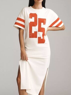 Relaxed White Midi Dress with Orange Varsity Number and Sleeve Stripes